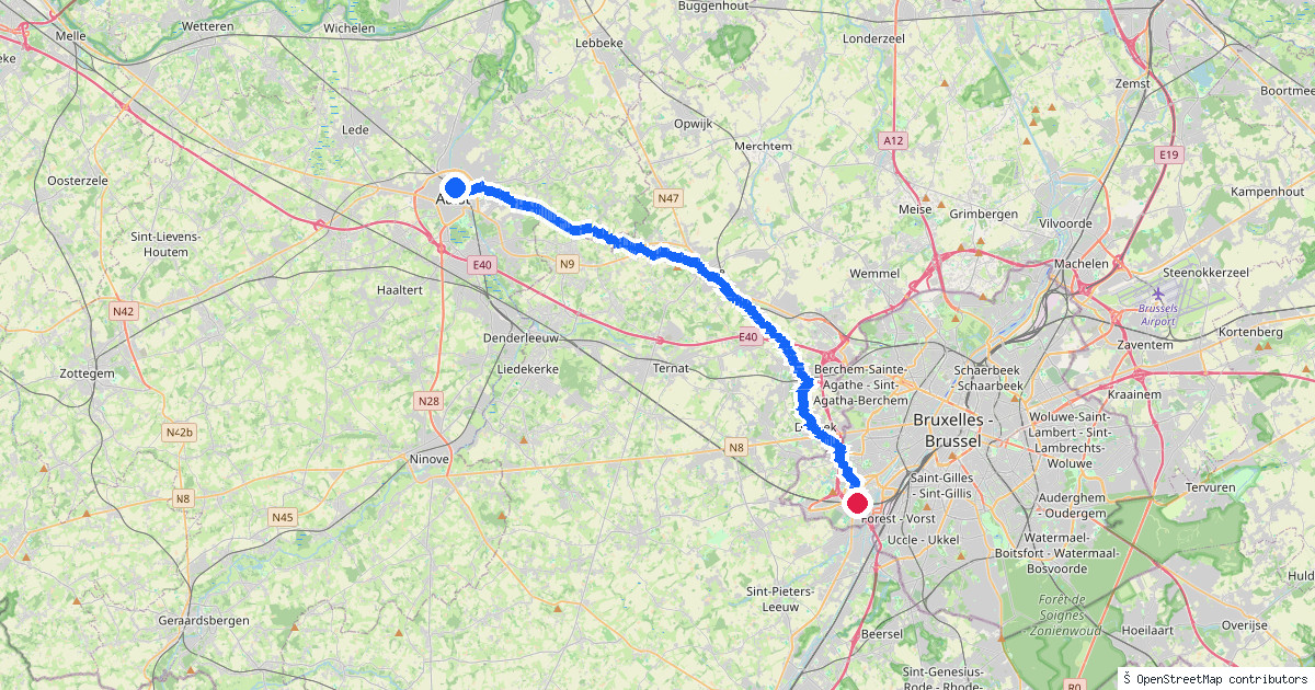 Kaartbeeld van de wandeling Aalst naar Anderlecht