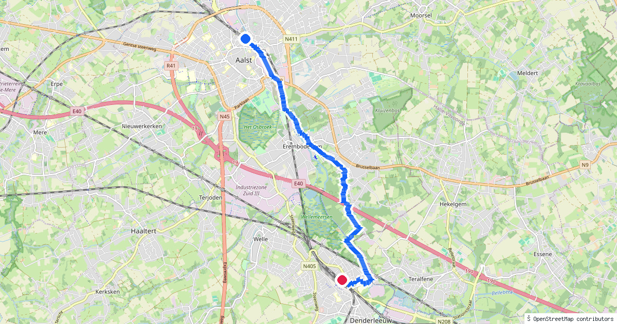 Kaartbeeld van de wandeling Aalst naar Denderleeuw
