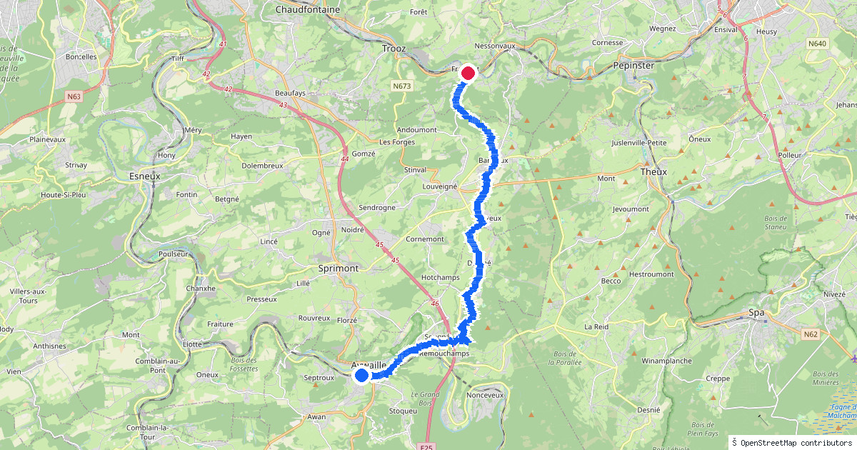 Kaartbeeld van de wandeling Aywaille naar Fraipont