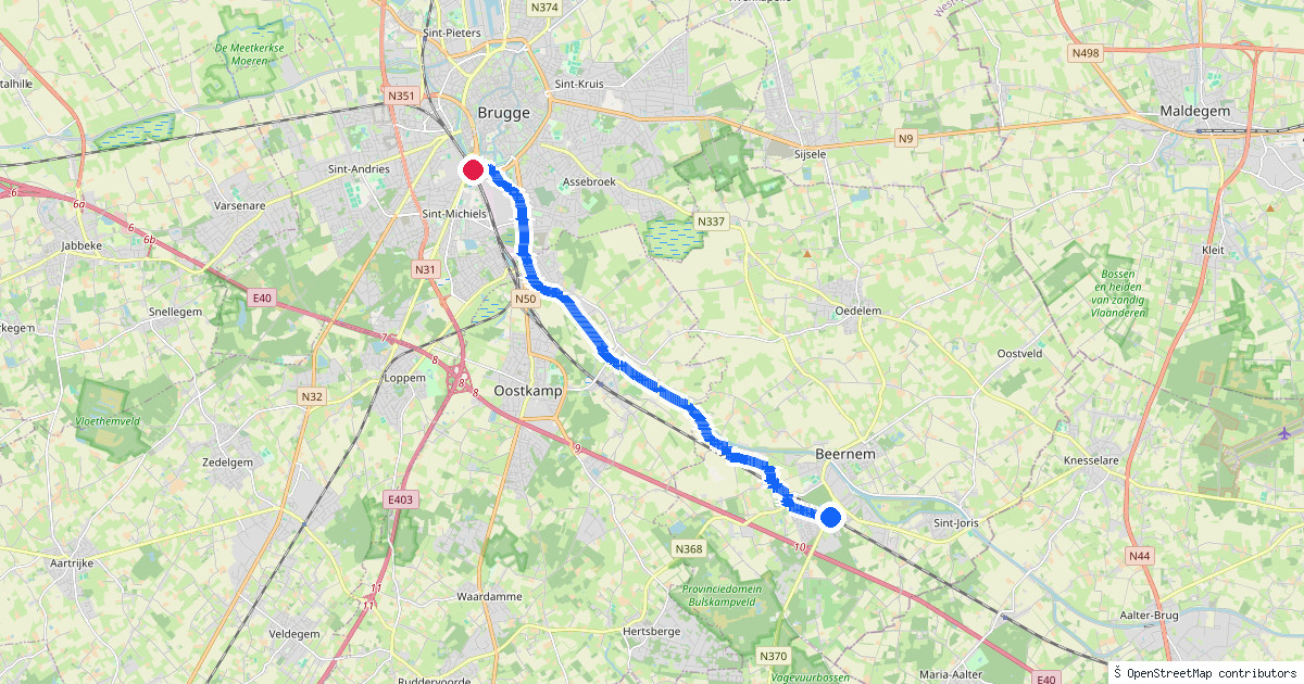Kaartbeeld van de wandeling Beernem naar Brugge