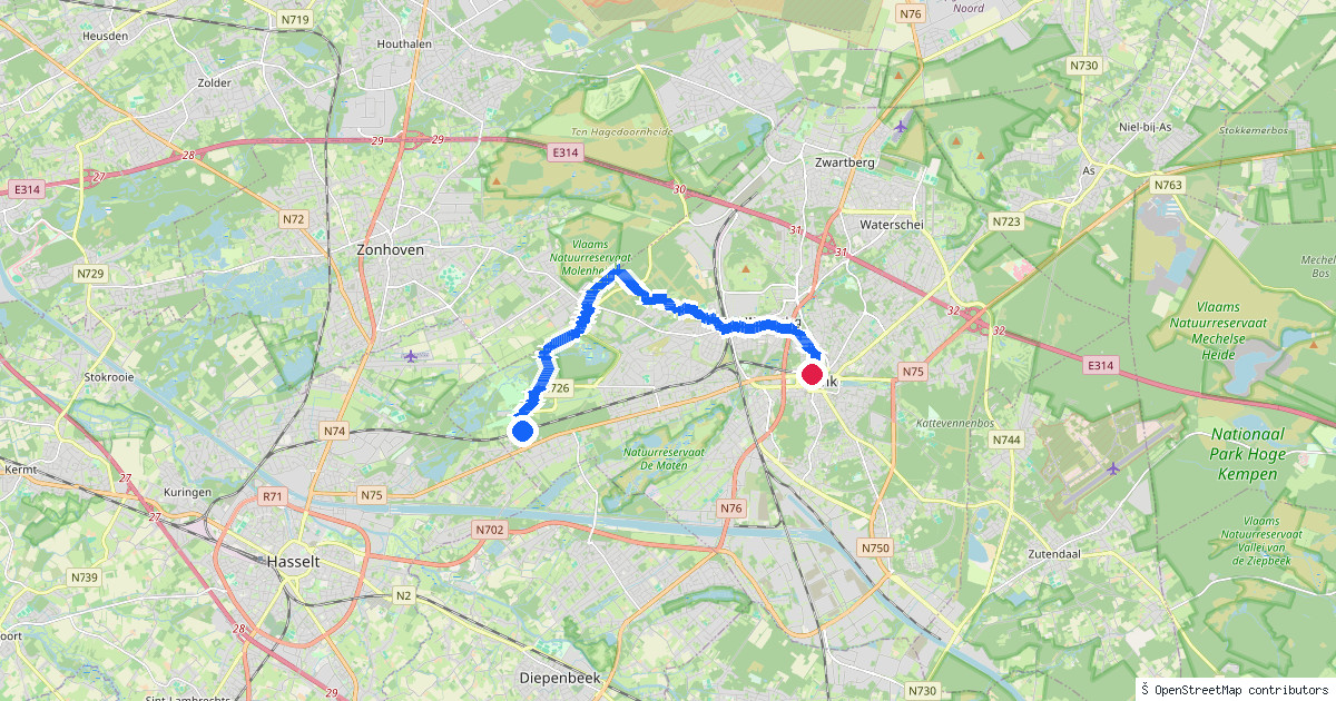 Kaartbeeld van de wandeling Bokrijk naar Genk