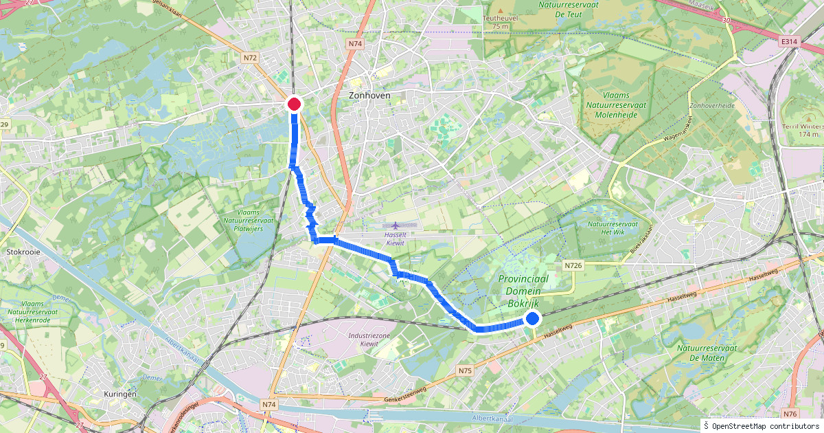 Kaartbeeld van de wandeling Bokrijk naar Zonhoven