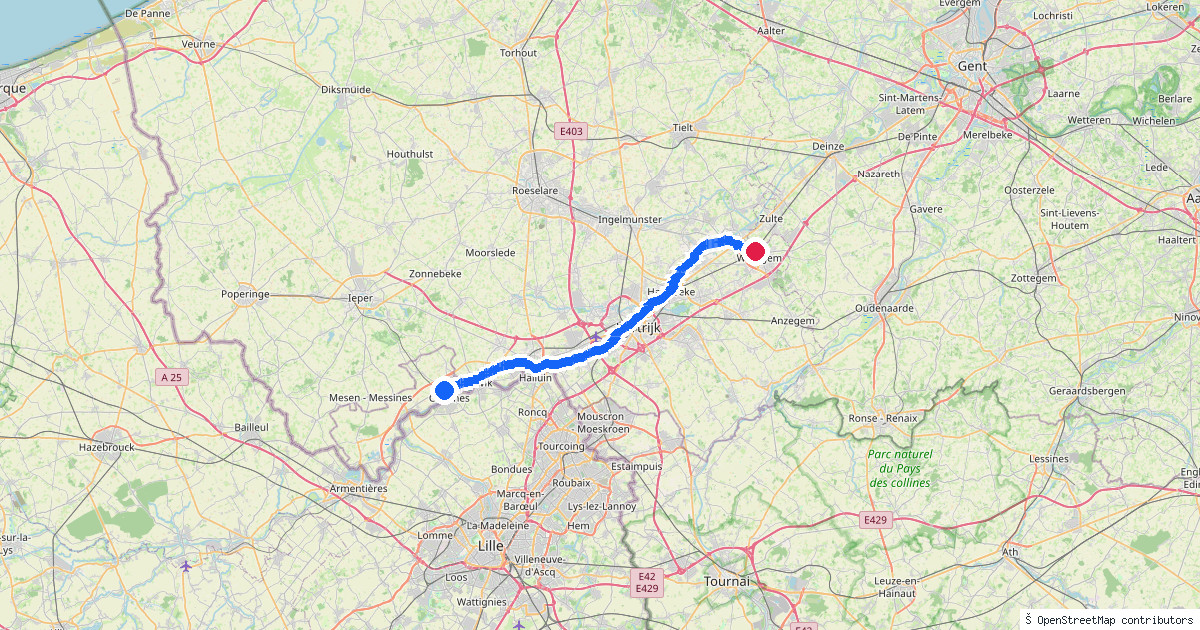 Kaartbeeld van de wandeling Comines naar Waregem