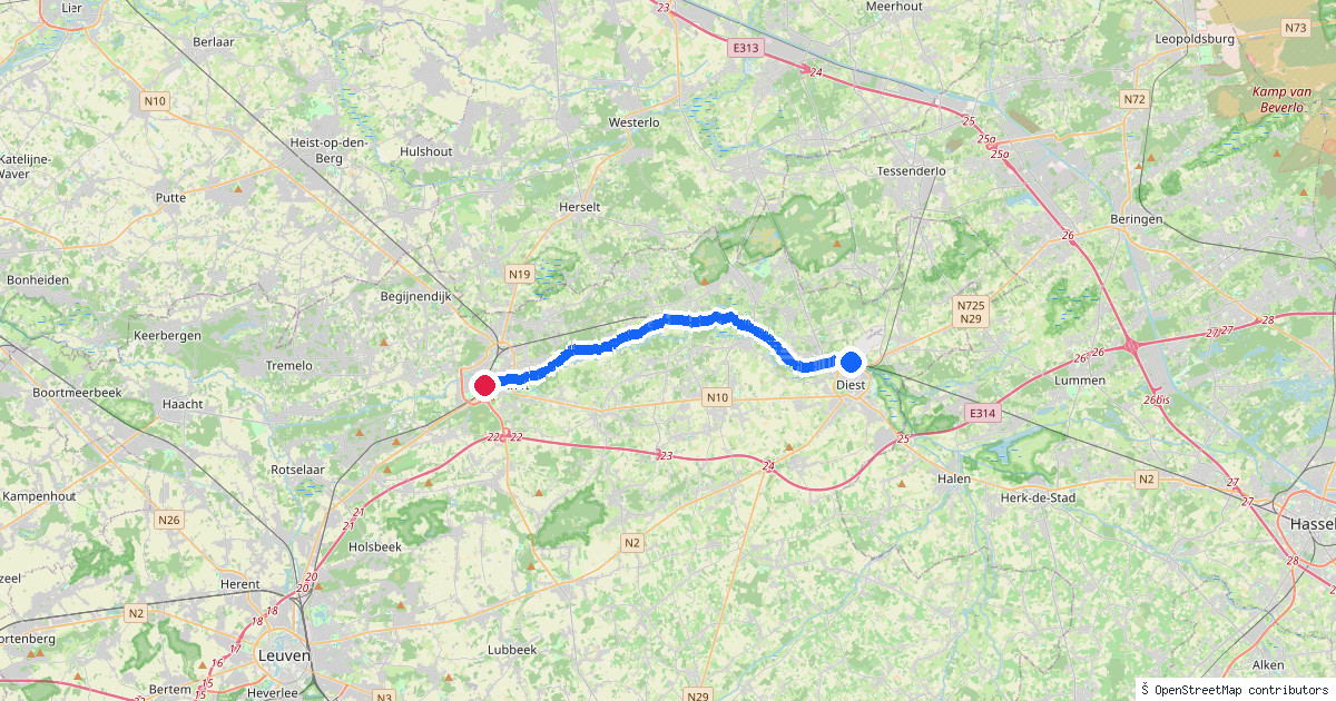 Kaartbeeld van de wandeling Diest naar Aarschot