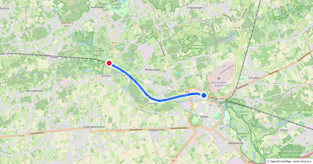 Kaartbeeld van de wandeling Diest naar Zichem