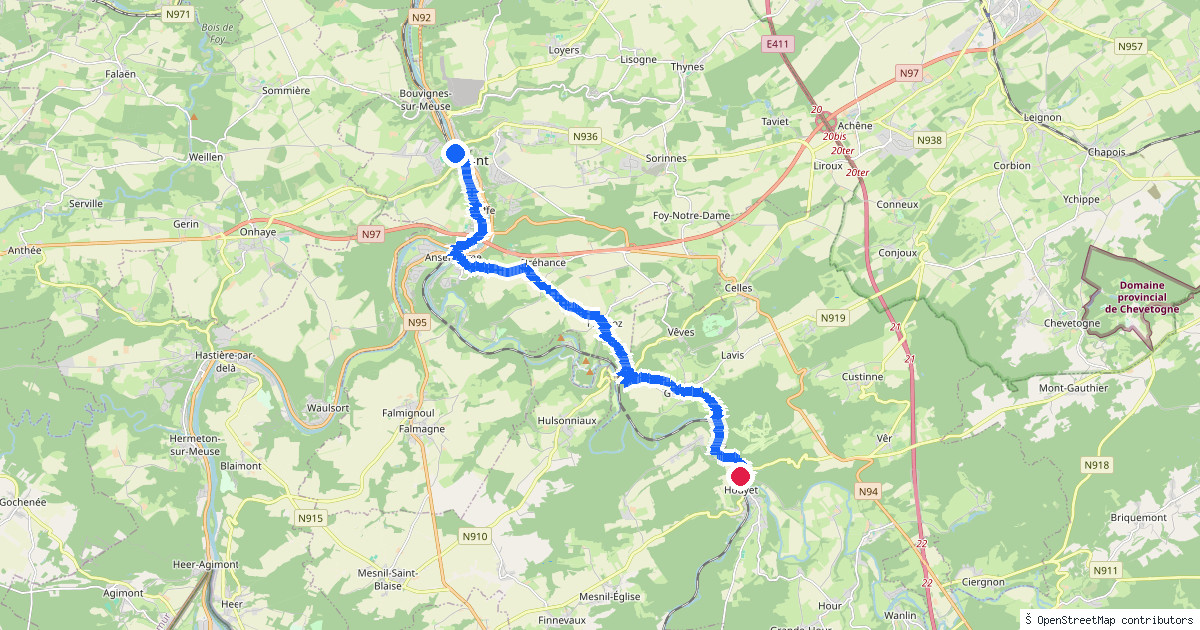 Kaartbeeld van de wandeling Dinant naar Houyet