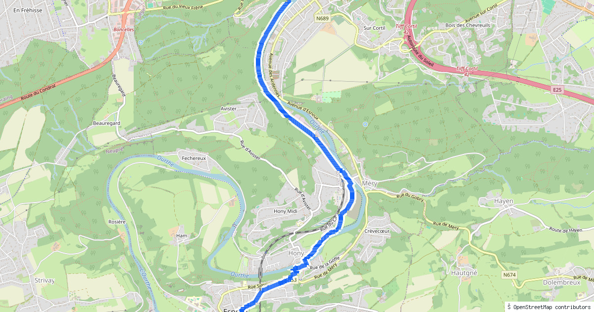 Kaartbeeld van de wandeling Esneux naar Tilff