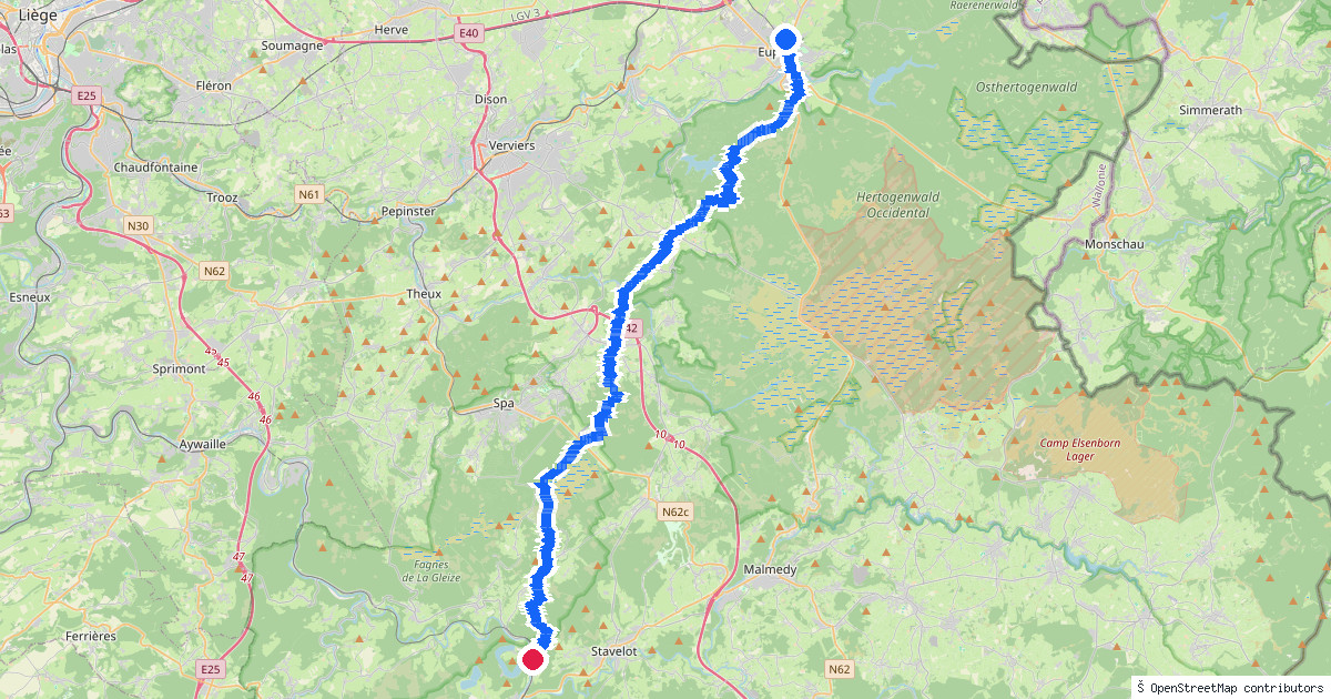 Kaartbeeld van de wandeling Eupen naar Coo