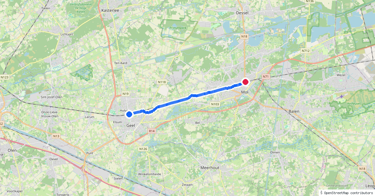 Kaartbeeld van de wandeling Geel naar Mol
