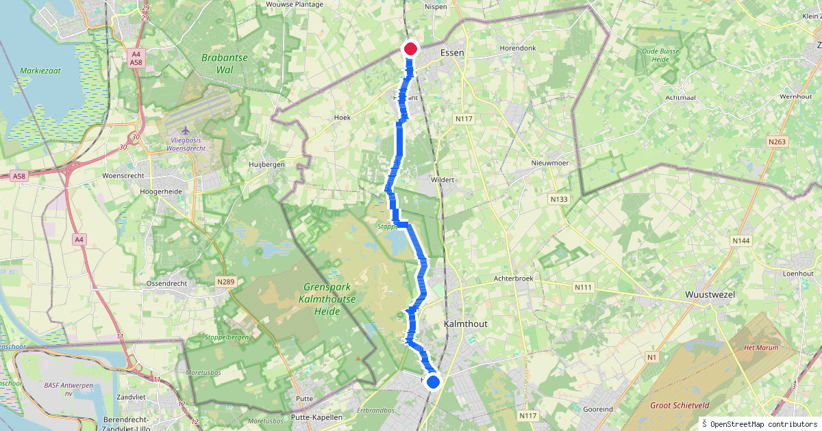 Kaartbeeld van de wandeling Heide naar Essen-Grens