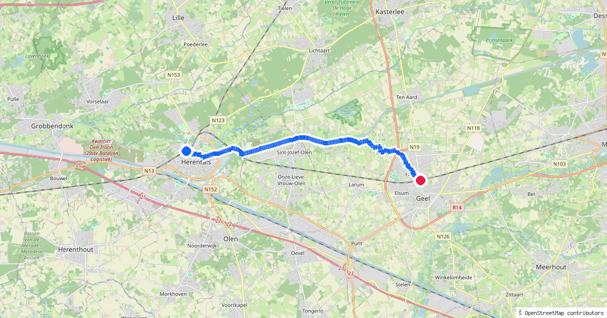 Kaartbeeld van de wandeling Herentals naar Geel
