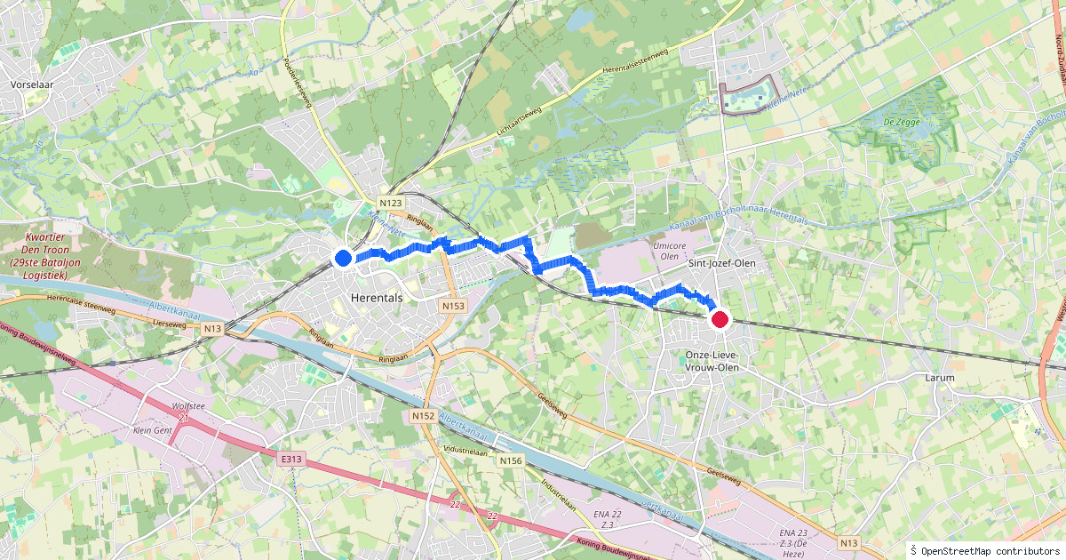 Kaartbeeld van de wandeling Herentals naar Olen