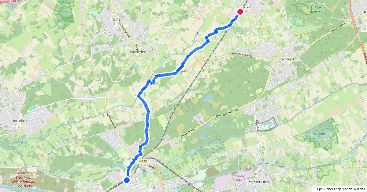 Kaartbeeld van de wandeling Herentals naar Tielen