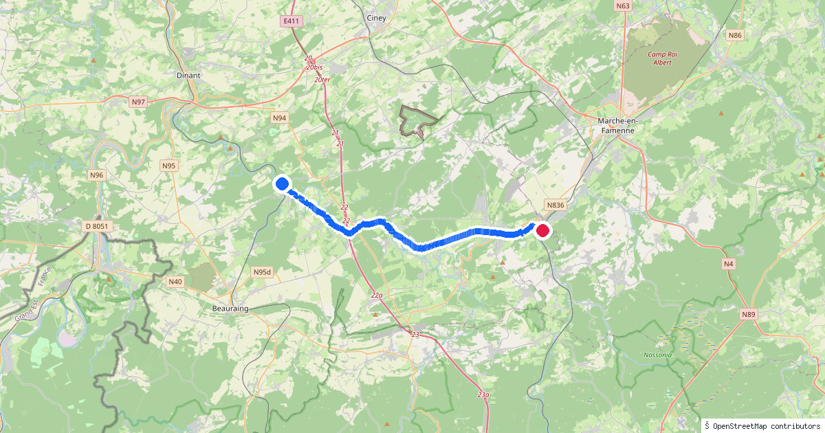 Kaartbeeld van de wandeling Houyet naar Rochefort-Jemelle
