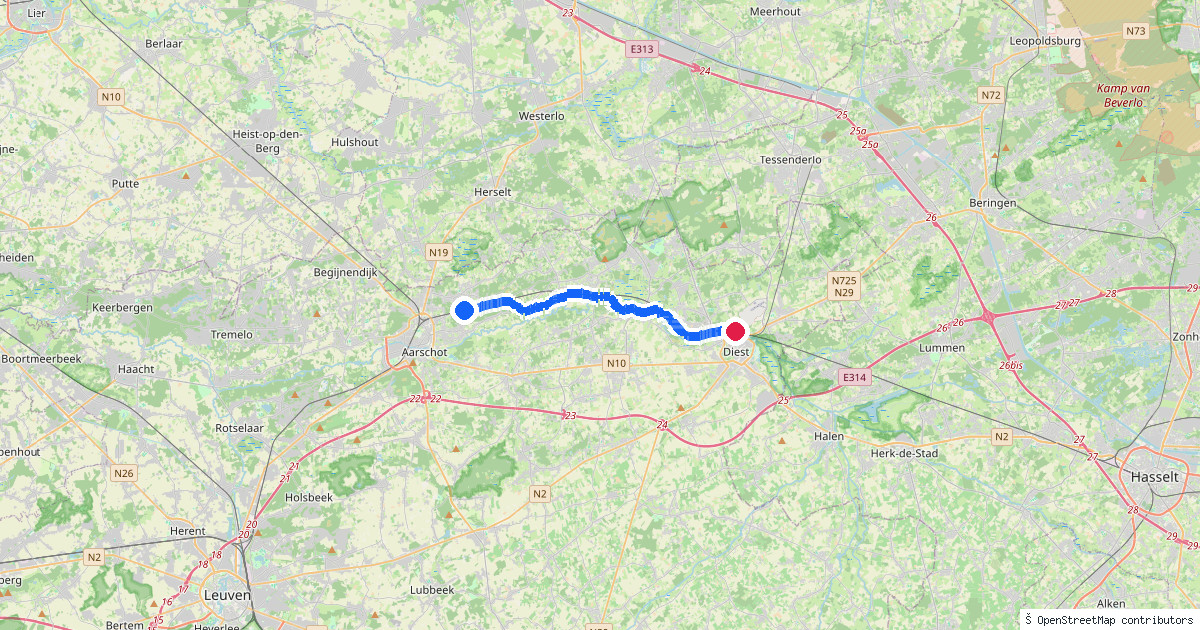 Kaartbeeld van de wandeling Langdorp naar Diest