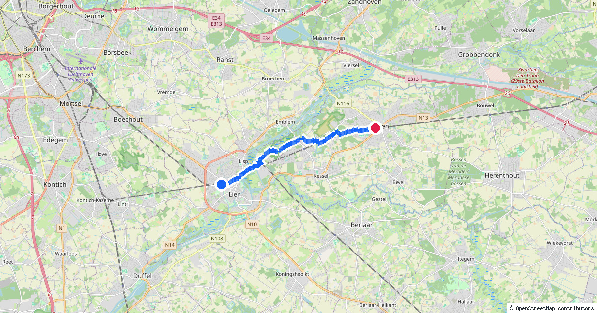 Kaartbeeld van de wandeling Lier naar Nijlen