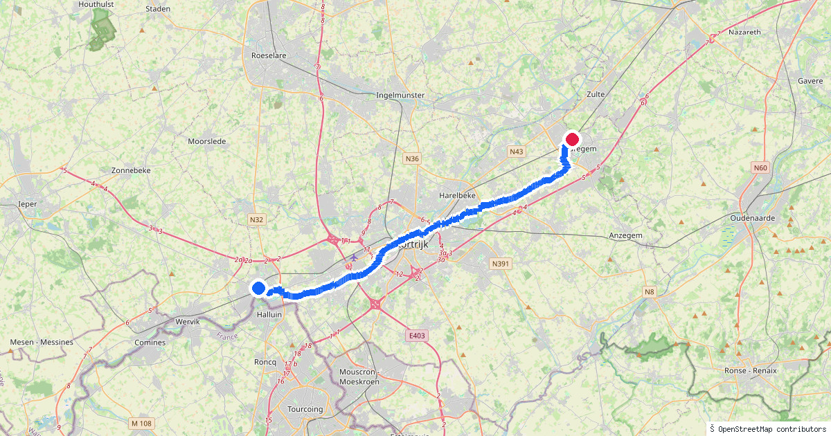 Kaartbeeld van de wandeling Menen naar Waregem