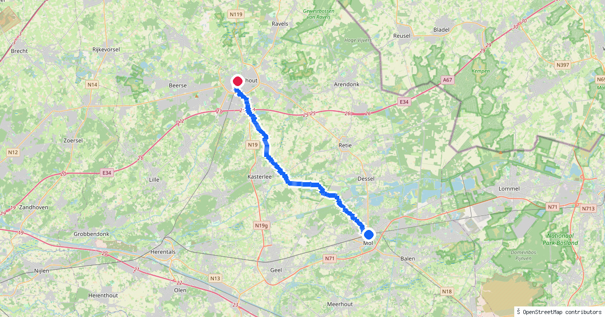 Kaartbeeld van de wandeling Mol naar Turnhout