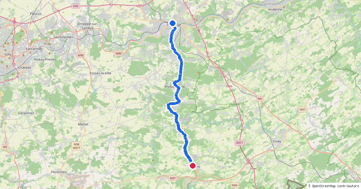 Kaartbeeld van de wandeling Namur naar Dinant