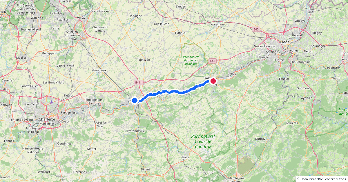 Kaartbeeld van de wandeling Namur naar Huy