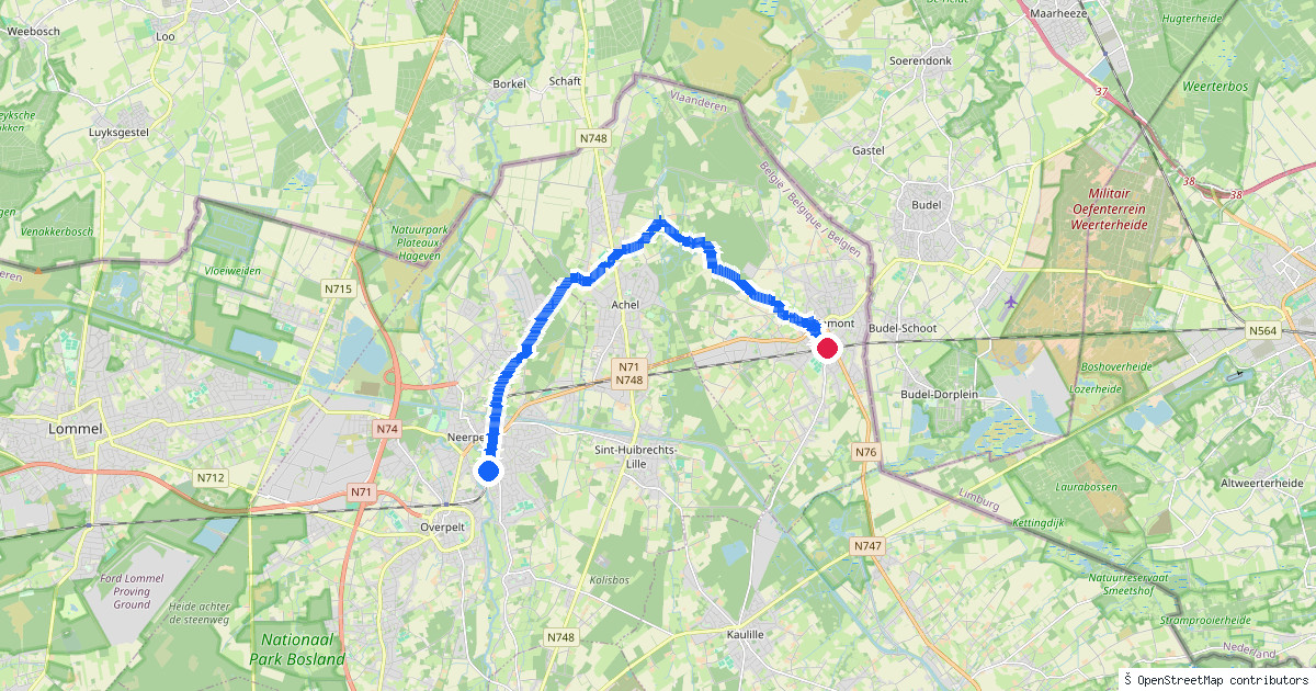 Kaartbeeld van de wandeling Neerpelt naar Hamont