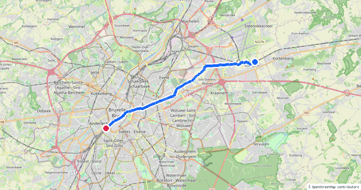 Kaartbeeld van de wandeling Nossegem naar Brussel-Zuid/Bruxelles-Midi