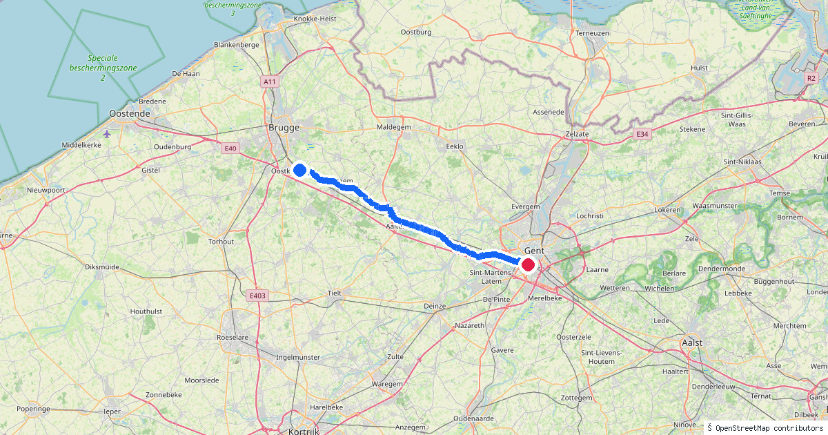 Kaartbeeld van de wandeling Oostkamp naar Gent-Sint-Pieters