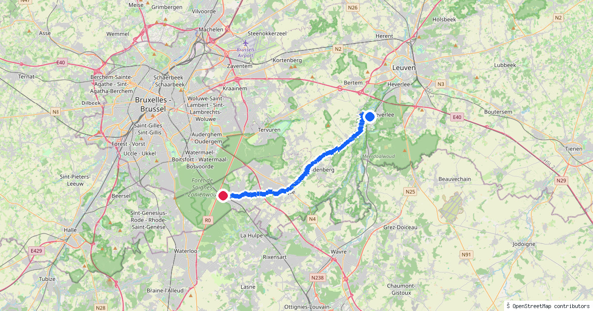 Kaartbeeld van de wandeling Oud-Heverlee naar Groenendaal