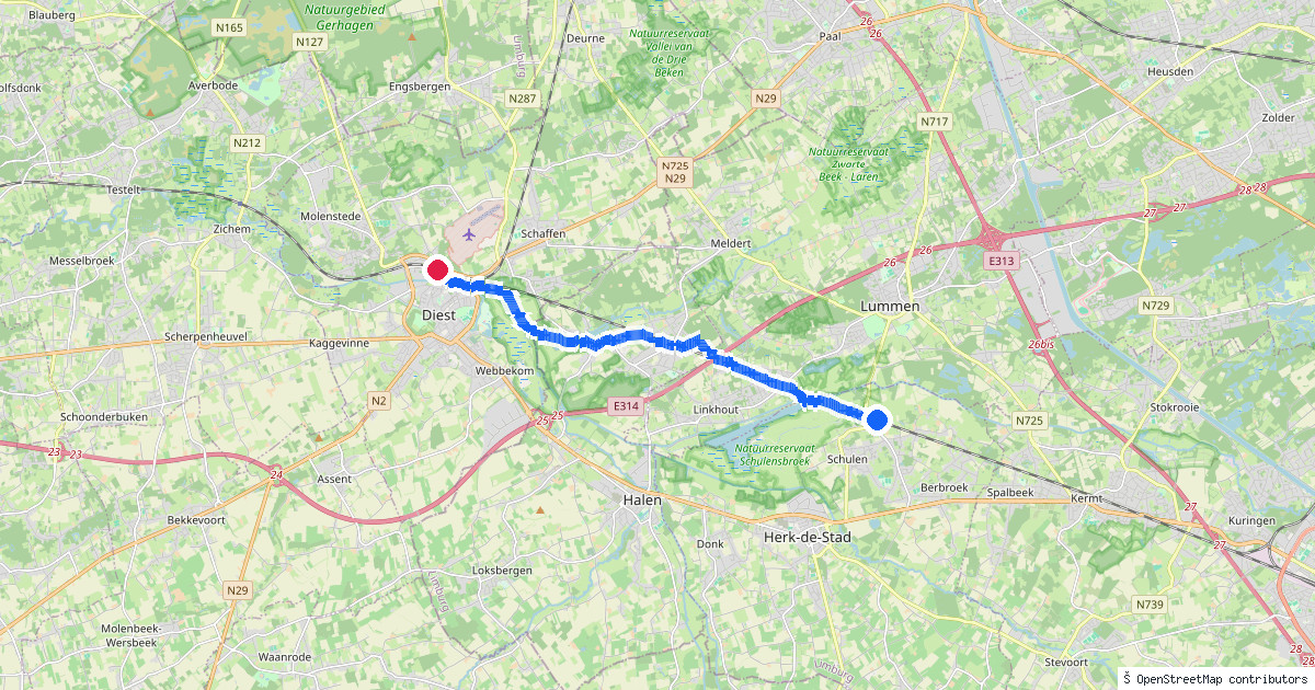 Kaartbeeld van de wandeling Schulen naar Diest