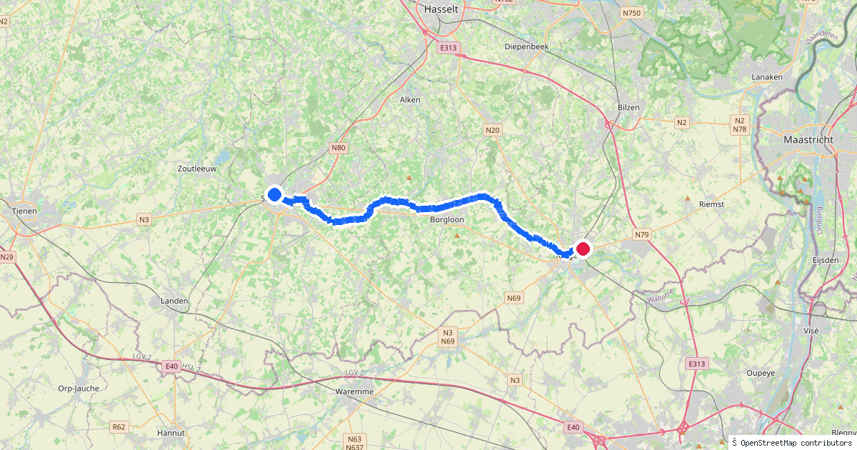 Kaartbeeld van de wandeling Sint-Truiden naar Tongeren