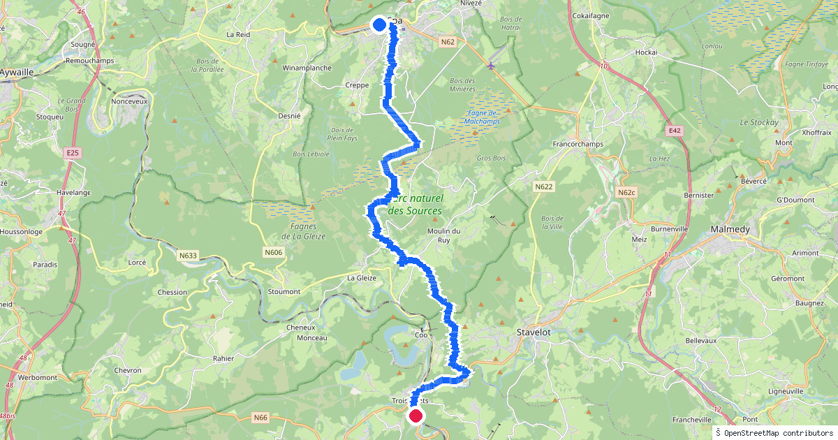Kaartbeeld van de wandeling Spa naar Trois-Ponts