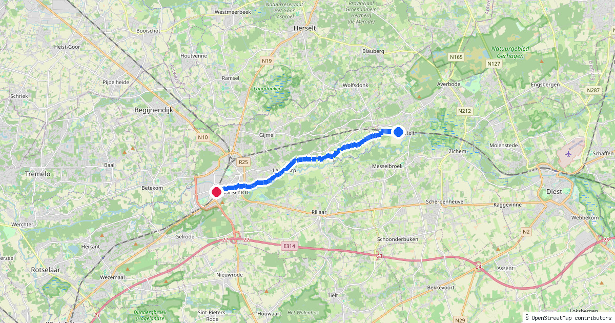 Kaartbeeld van de wandeling Testelt naar Aarschot